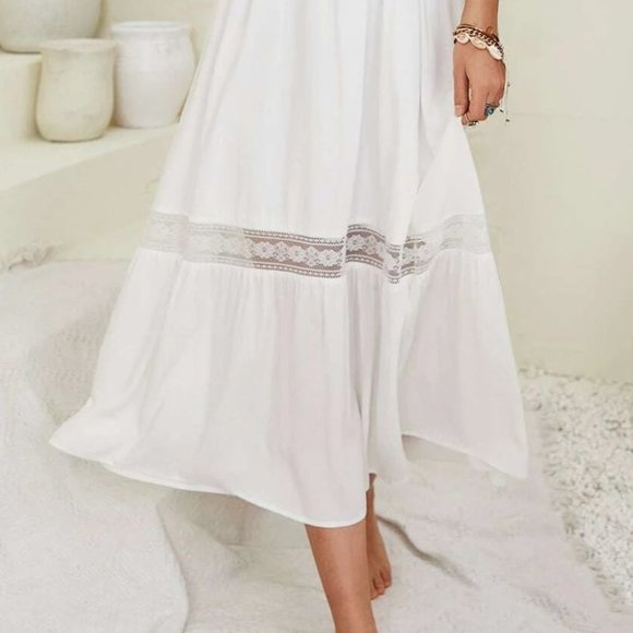 WHITE Tie Front Ruffle Trim Off Shoulder Dress - Picture 7 of 7